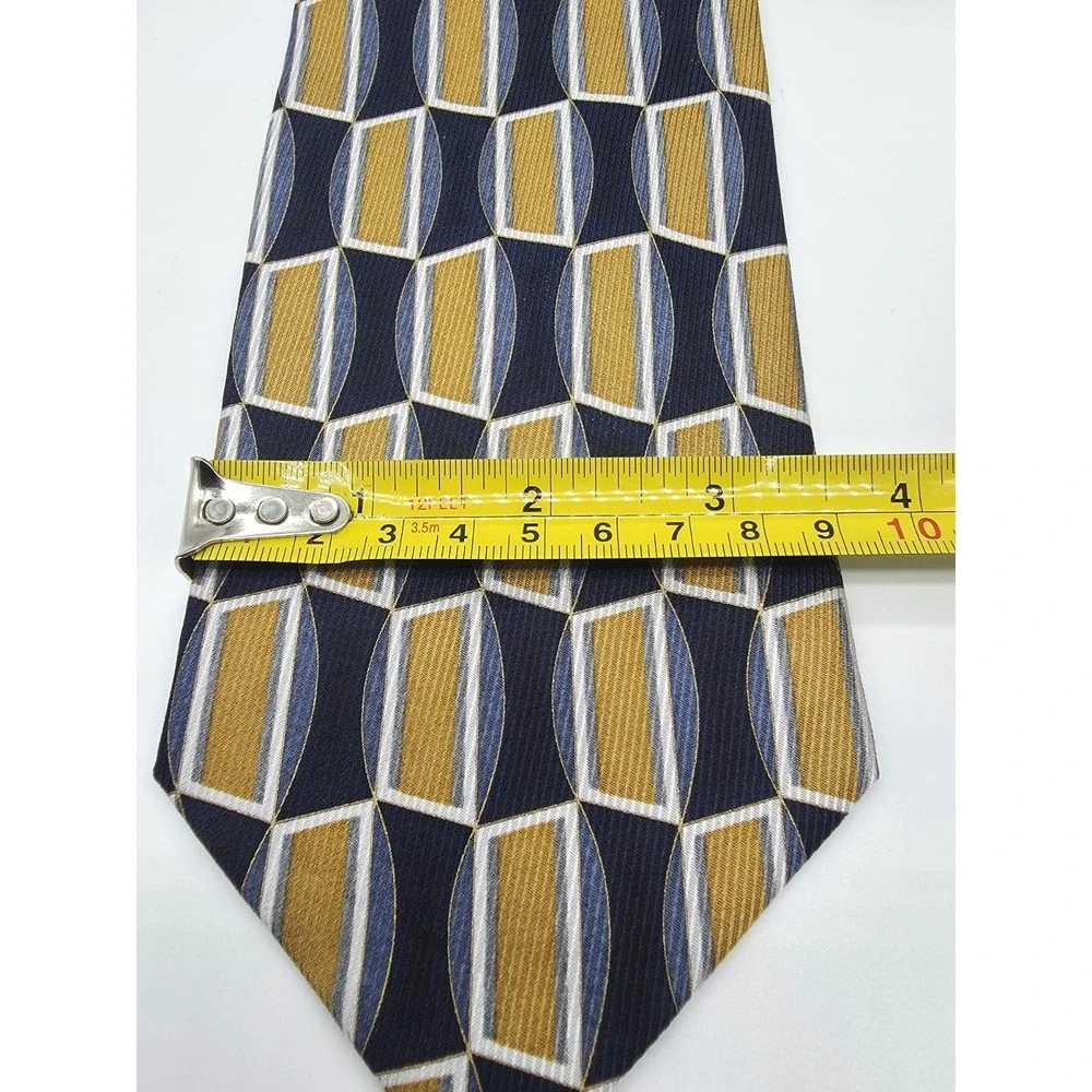 Zanzara Men's 100% Silk Gold Blue White Geometric Tie 59